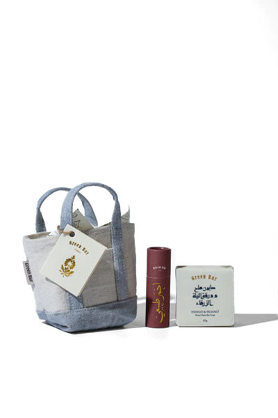 Blue Tote Bag w/ Bar Soap & Lip Balm