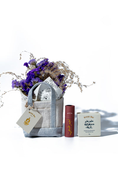 Blue Tote Bag w/ Bar Soap & Lip Balm