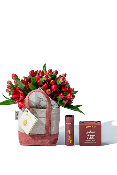 Red Tote Bag w/ Bar Soap & Lip Balm