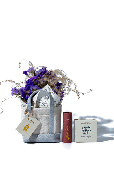 Blue Tote Bag w/ Bar Soap & Lip Balm