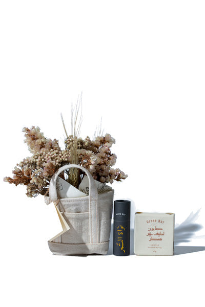 White Tote Bag w/ Bar Soap & Lip Balm